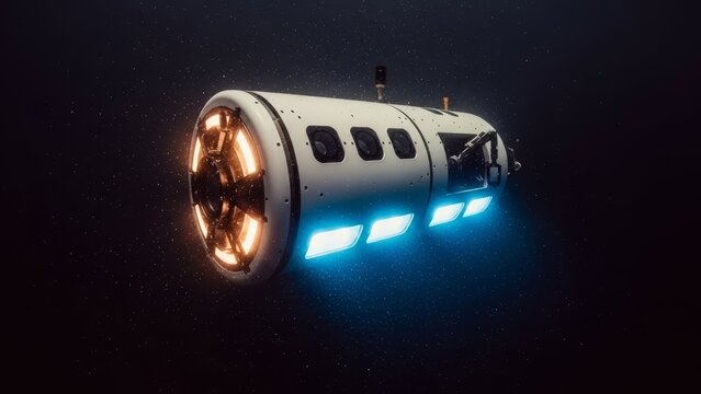 A cylindrical spaceship floats in space with glowing rings and rectangular lights