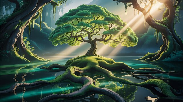 Enchanted Forest Tree with Glowing Roots in Water