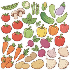 Flat Vector Vegetable and Mushroom Sticker Set. Fresh Farm Produce Icon Collection for Healthy Eating, Food Design, and Market Graphics