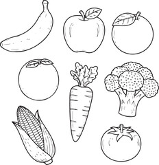 Hand drawn sketch of assorted fresh fruits and vegetables including banana apple orange broccoli carrot corn tomato, Generative Ai
