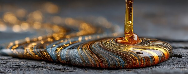 Close-up of golden oil pouring into a swirling, glossy puddle on a textured dark surface