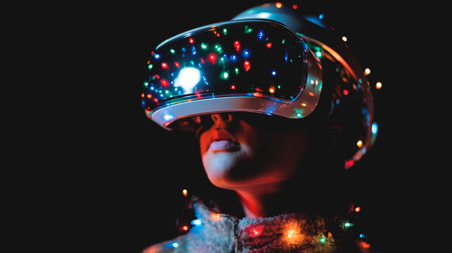 Teenager wearing virtual reality glasses that reflect bright Christmas lights. Virtual holiday concept - Powered by Adobe