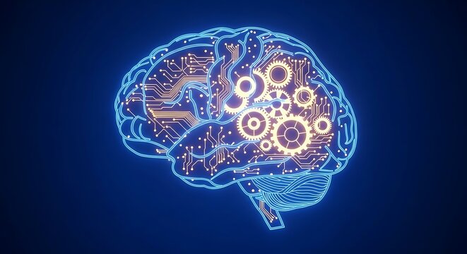 Brain concept of artificial intelligence with interconnected neural network and gears symbolising cognitive processing capabilities and machine learning