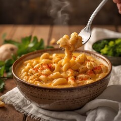 Steaming bowl of creamy macaroni and cheese with a fork lifting a portion