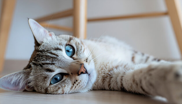 A cat is lying down on the floor