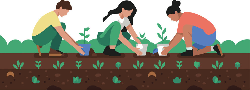 Diverse Group of Volunteers Planting and Watering Seedlings in a Garden or Field Vector Illustration for Environmental Conservation and Earth Day.