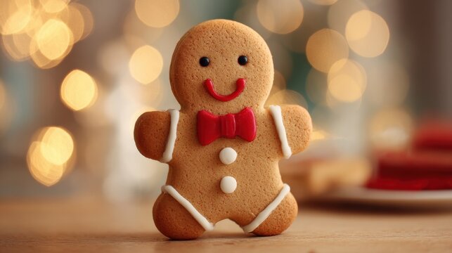 A gingerbread man cookie stands on a wooden table adorned with a red bowtie and smiling face. Soft holiday lights create a warm festive atmosphere around the scene.