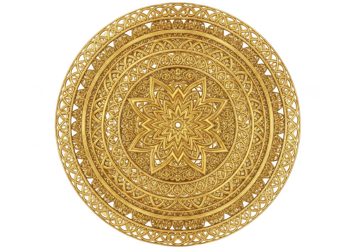 Golden Mandala Ornament with intricate Floral Design Isolated on Black