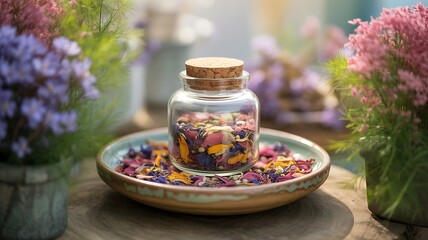 Jar of Dried Flowers and Petals on a Decorative Plate