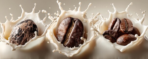 Coffee beans splash into milk in a dynamic, dairy splash scene for food and beverage photography