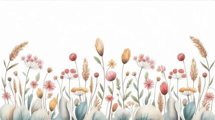 Watercolor wild flower border, pastel botanical elements design