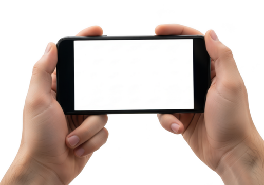 Man's hands holding modern black smartphone with blank white screen horizontally. isolated on transparent background