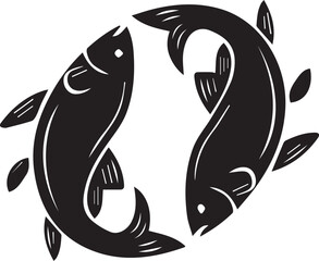Black and white vector illustration of two fish in circular symmetrical layout symbolizing balance duality and artistic harmony