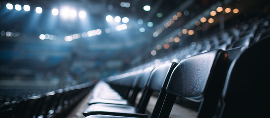 Empty black chairs in a sports venue waiting event start