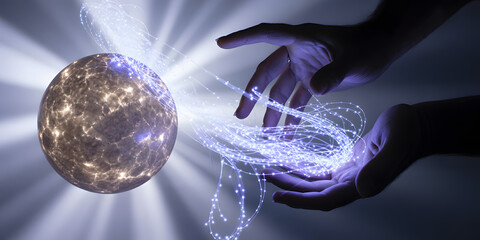 Abstract blue background showing a 3D render of a DNA molecule with light and energy of science and technology in motion