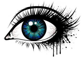 Intense graphic illustration of a human eye with vibrant blue-green iris. isolated on transparent background