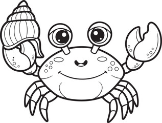 Fototapeta premium Adorable cartoon crab with big eyes holding a seashell in its claw, Generative Ai