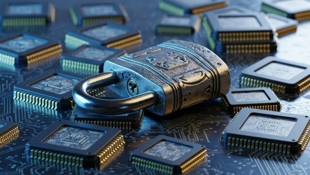 Padlock atop microchips on a circuit board emphasizing digital security - Powered by Adobe