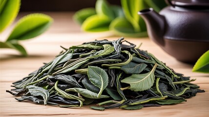 Pile of Dried Green Tea Leaves with Teapot