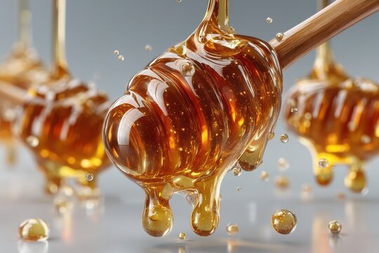 Golden honey dripping from a wooden dipper with jars in the background, close-up