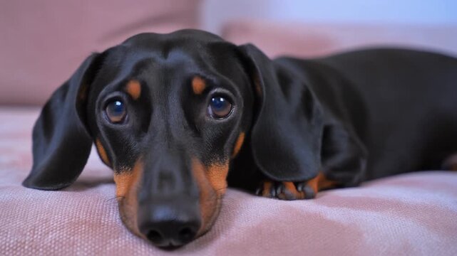 A dachshund on a couch looks relaxed into the camera