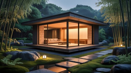 Modern Zen Retreat with Bamboo Garden and Pond