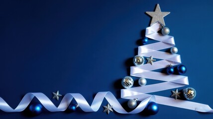 Modern ribbon christmas tree with silver and blue decorations