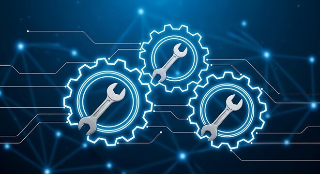 Digital technology interface with gears and wrenches symbolizing engineering and industrial maintenance services online support for companies