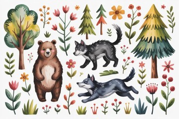 Whimsical forest animals and botanical elements watercolor art