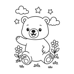 Cute cartoon bear in a field of flowers with stars and clouds © DzgnVibe