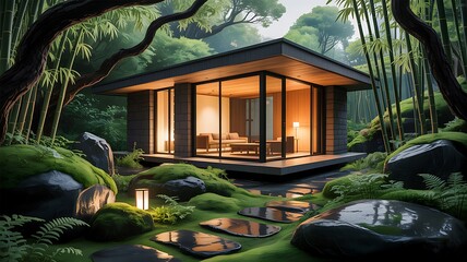 Serene Modern Cabin in Lush Bamboo Forest