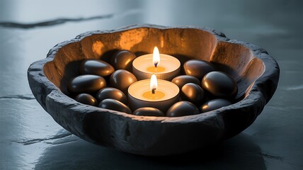 Serene Zen Bowl with Candles and Smooth Stones