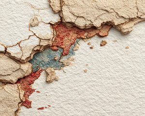 Close-up Macro View of Weathered Textured Plaster Wall with Peeling Paint and Cracks Revealing Underlying Layers