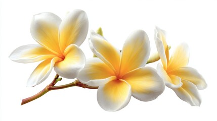 Naklejka premium Plumeria flowers bloom gracefully with white petals and vibrant yellow centers. They are arranged naturally on a slender branch illuminated by soft bright light.