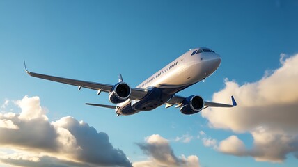Sleek Jetliner Soars Through a Cloudy Blue Sky