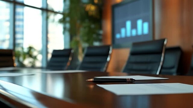 Modern empty conference room with meeting table chairs pen papers financial charts screen and cityscape view through large windows