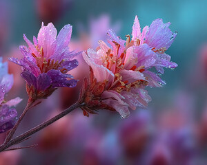 Enchanting pink and purple blossoms adorned with glistening dewdrops, capturing the serene beauty of a spring morning in exquisite detail, radiating natural vibrancy and delicate elegance