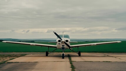 Small White Propeller Plane on Tarmac with Green Fields