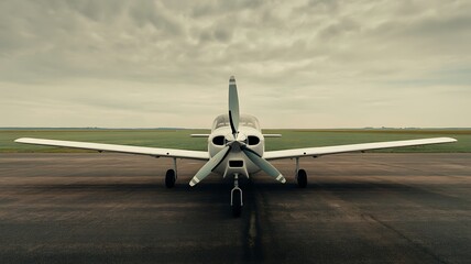 Small White Propeller Plane on Tarmac Under Cloudy Sky