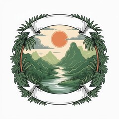 Tropical landscape with river, mountains, palm trees, sun and banner in a circular frame