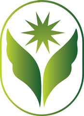 Abstract hands holding a stylized ten pointed star inside a circular gradient green frame representing nature growth and care vector