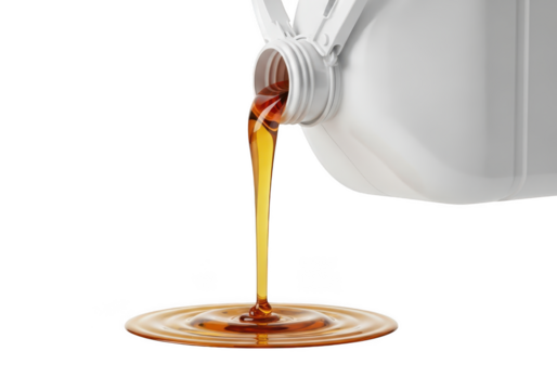 Motor oil pouring from a white plastic container on black background