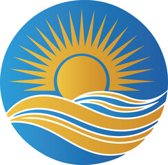 Abstract sun rising over golden water waves inside a blue circle background graphic simple vector illustration