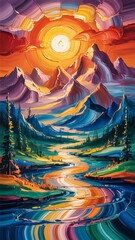 Vibrant Impasto Landscape Painting of Mountains and River
