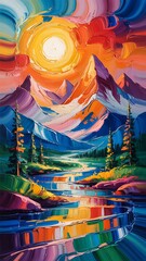 Vibrant Impasto Mountain Landscape with Sun and River