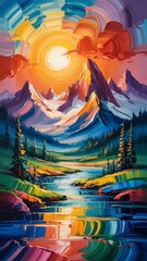 Vibrant Impasto Mountain Landscape with Sunrise