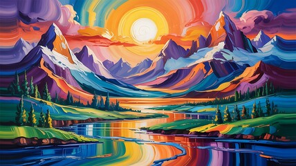 Vibrant Mountain Landscape with Reflecting River
