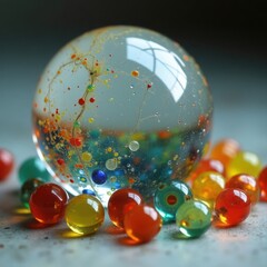 Close up of a clear sphere filled with colorful beads and surrounded by more beads