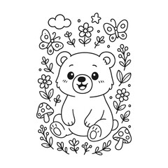 Naklejka premium cute cartoon bear illustration with flowers and butterflies in a spring garden