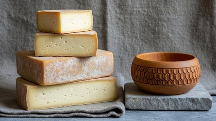 Stack of four cheese blocks next to a wooden bowl on grey surfaces